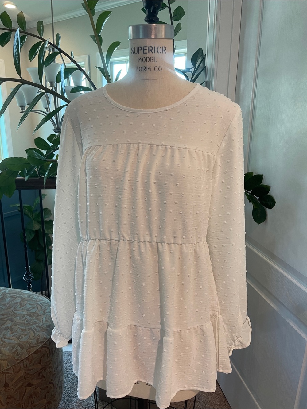 White Swiss Dot Peplum Tiered Blouse